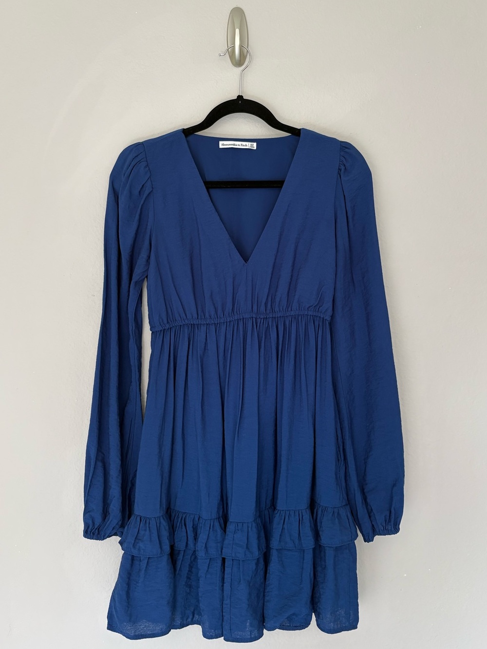 Abercrombie & Fitch Long Sleeve V-Neck Tiered Ruffle Mini Dress Blue XS Tall